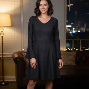 Aryeh Anthropologie $170 Medium Dark Gray Faux Suede Fit & Flare V-Neck Dress